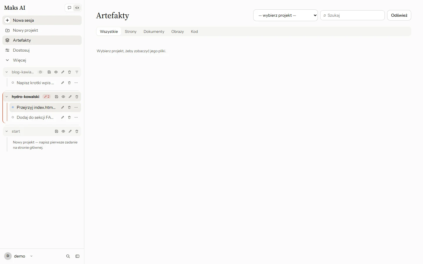 Widok Artefakty z wyborem projektu, filtrami i wyszukiwarką