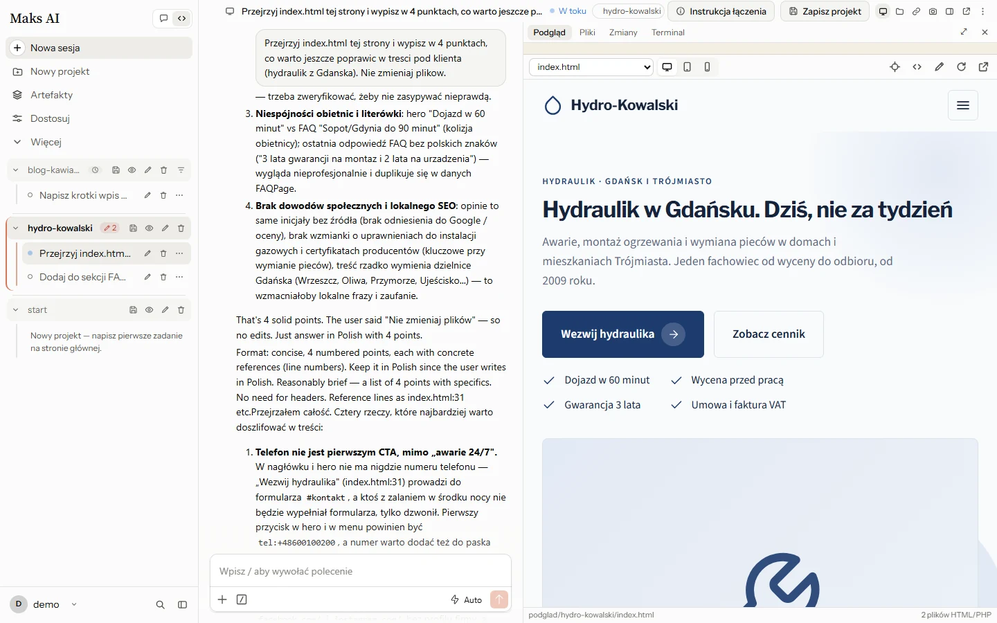 Panel Podgląd: wybór pliku, widoki desktop, tablet, telefon, wskaż fragment, edytuj kod, edytuj treść, odśwież, nowa karta