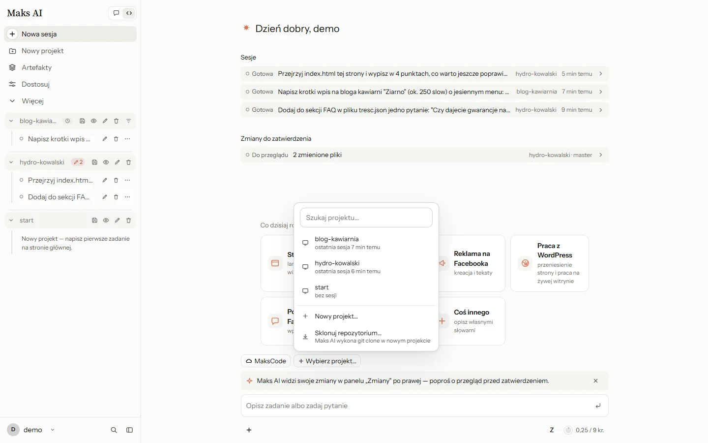 Menu wyboru projektu z wyszukiwarką, listą projektów i opcjami Nowy projekt oraz Sklonuj repozytorium